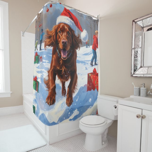 Irish Red Setter Running Snow with Christmas Hat (In Situ)