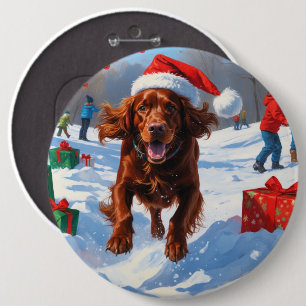 Irish Red Setter Running Snow with Christmas Hat 6 Inch Round Button