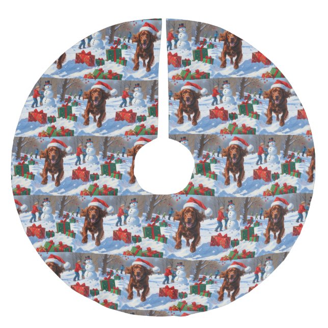 Irish Red Setter Running Snow with Christmas Hat Brushed Polyester Tree Skirt (Front)