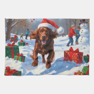 Irish Red Setter Running Snow with Christmas Hat Kitchen Towel