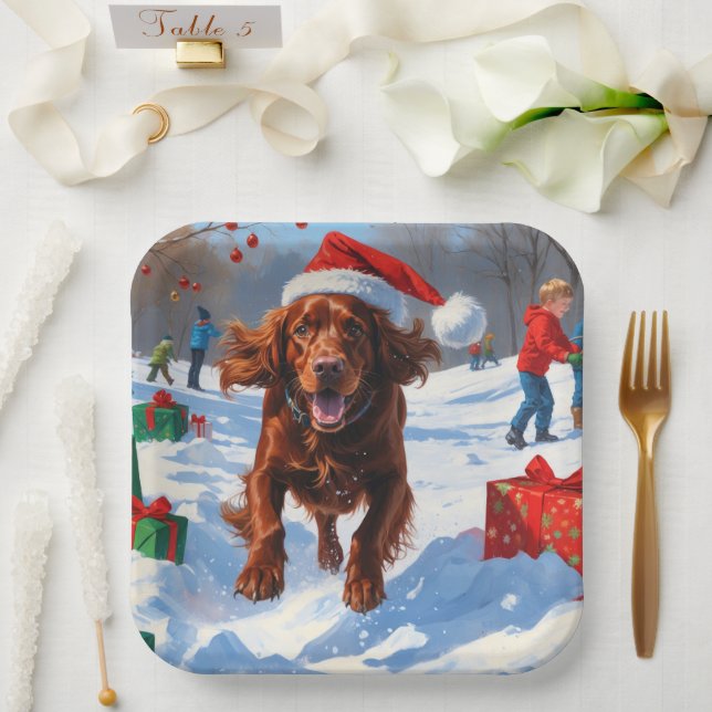 Irish Red Setter Running Snow with Christmas Hat Paper Plate (Wedding)