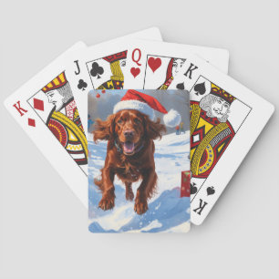 Irish Red Setter Running Snow with Christmas Hat Playing Cards