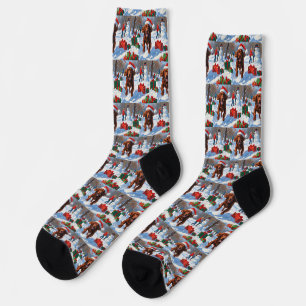 Irish Red Setter Running Snow with Christmas Hat Socks