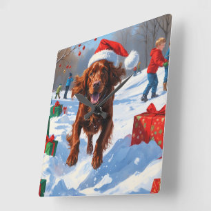 Irish Red Setter Running Snow with Christmas Hat Square Wall Clock