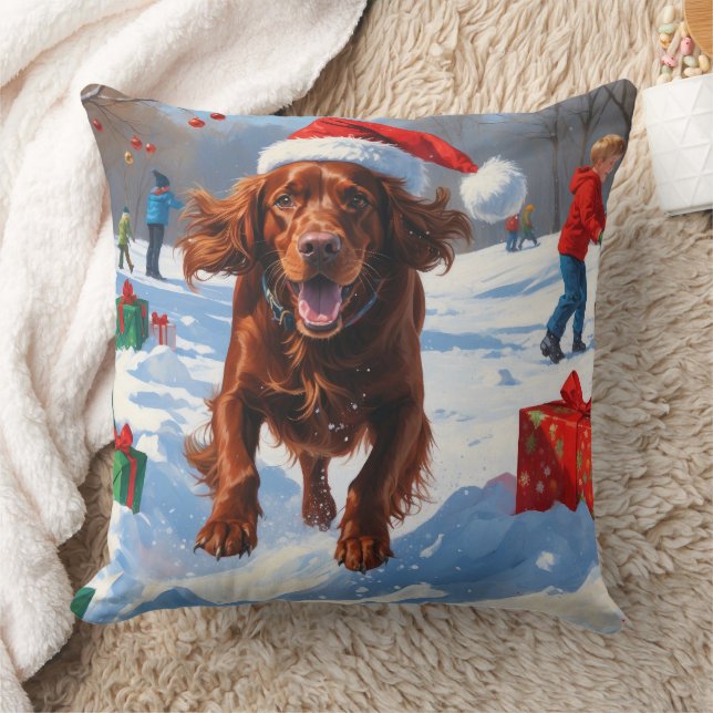 Irish Red Setter Running Snow with Christmas Hat Throw Pillow (Blanket)