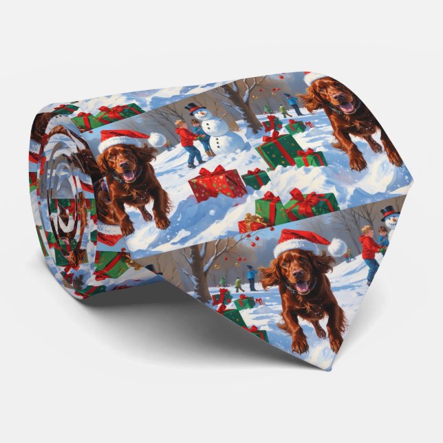 Irish Red Setter Running Snow with Christmas Hat Tie (Rolled)