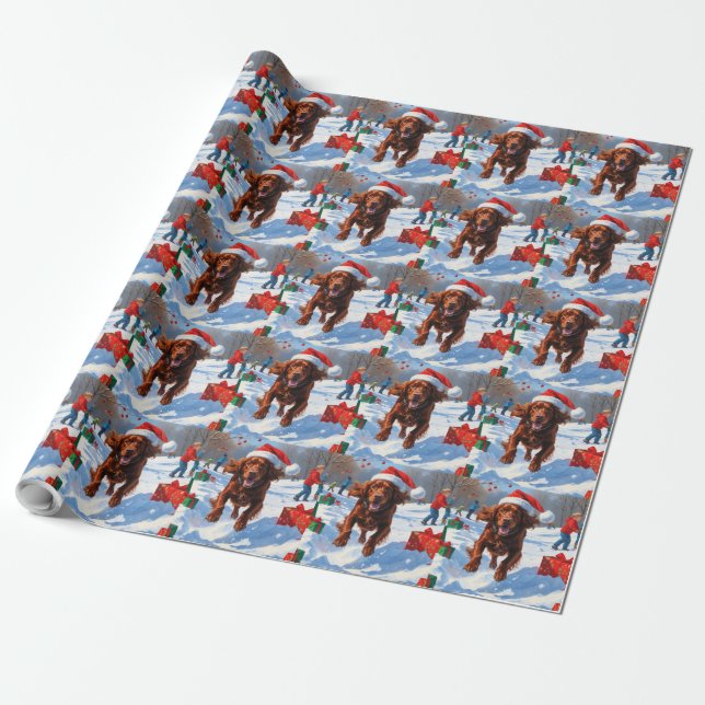 Irish Red Setter Running Snow with Christmas Hat Wrapping Paper (Unrolled)