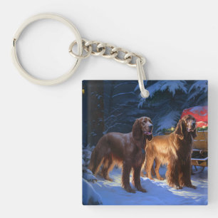 Irish Red Setter Snowy Sleigh Christmas Decor Keychain