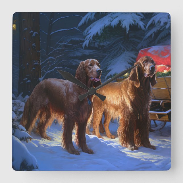 Irish Red Setter Snowy Sleigh Christmas Decor  Square Wall Clock (Front)