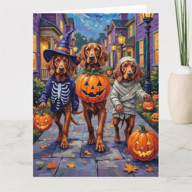 Irish Red Setter Trick-or-Treating Halloween Card (Front)