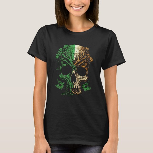 Irish Roots With Irish Flag Skull T-Shirt (Front)