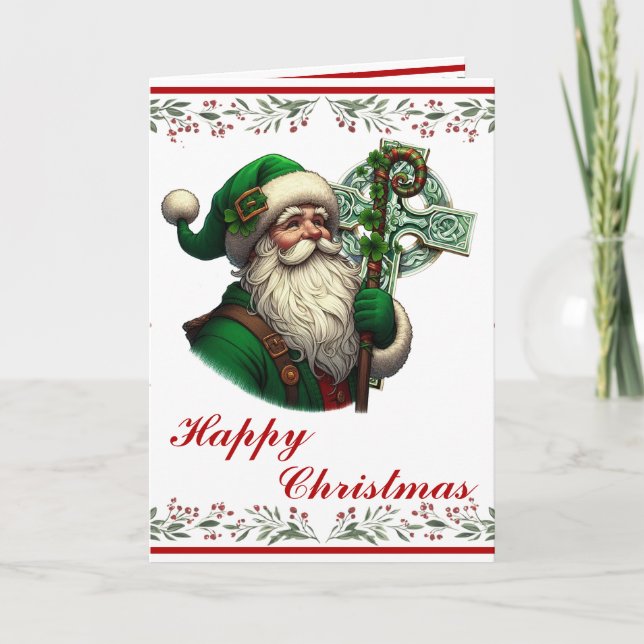 Irish Santa with Celtic Cross Personalized Xmas Card (Front)