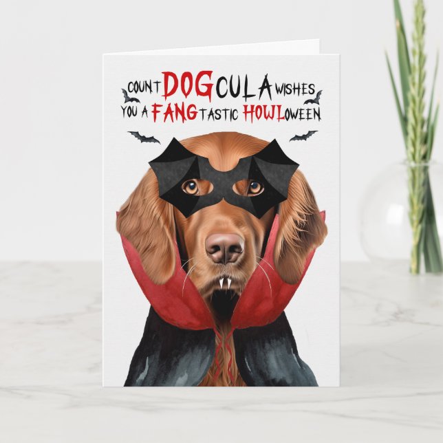 Irish Setter Dog Funny Count DOGcula Halloween Holiday Card (Front)