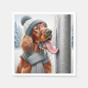 Irish Setter Dog Licking A Frozen Pole Napkin