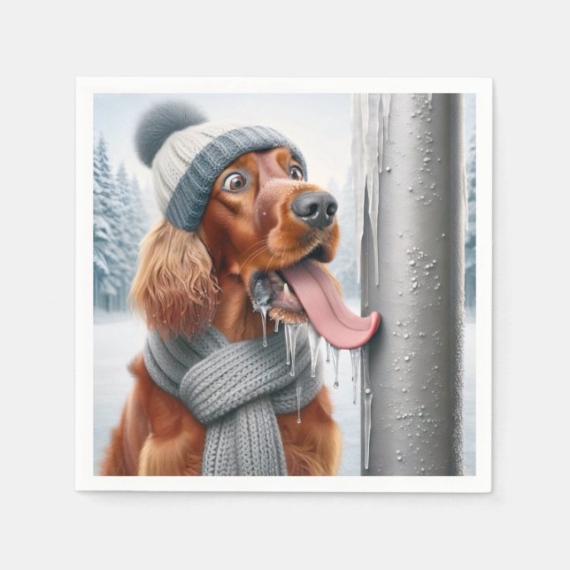 Irish Setter Dog Licking A Frozen Pole Napkin (Front)