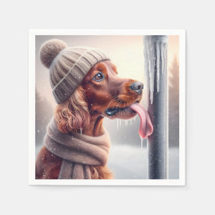 Irish Setter Dog Licking A Frozen Pole Napkin