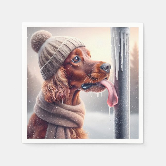 Irish Setter Dog Licking A Frozen Pole Napkin (Front)
