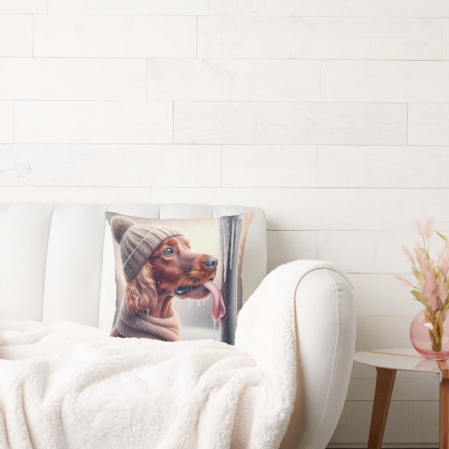 Irish Setter Dog Licking A Frozen Pole Throw Pillow (Couch)