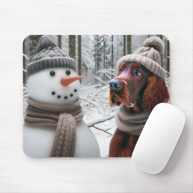Irish Setter Dog With a Snowman Mouse Pad (With Mouse)