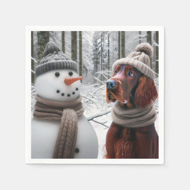 Irish Setter Dog With a Snowman Napkin (Front)