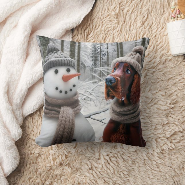 Irish Setter Dog With a Snowman Throw Pillow (Blanket)