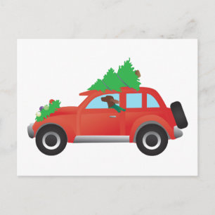 Irish Setter Driving a car with Christmas tree Holiday Postcard