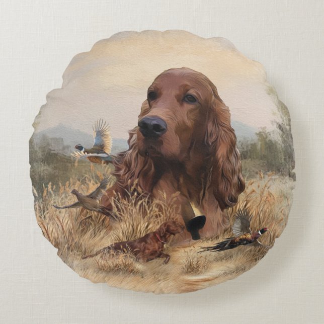 Irish Setter Hunting Pheasant ,Art Round Pillow (Front)
