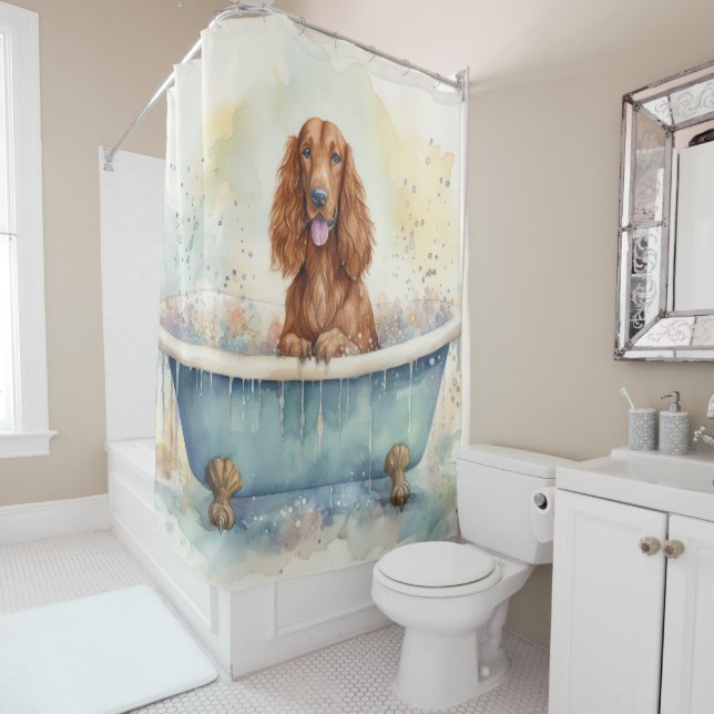Irish Setter In Bathtub Watercolor Dog Art (In Situ)