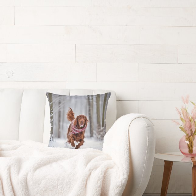 Irish Setter In Snow Throw Pillow (Couch)