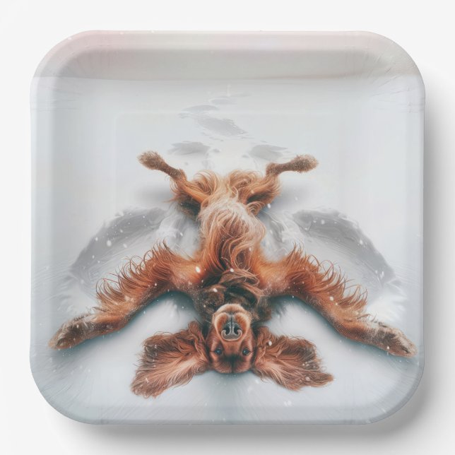 Irish Setter Making a Snow Angel Paper Plate (Front)