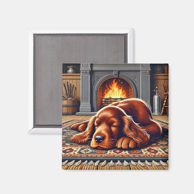 Irish Setter Puppy Sleeping by a Warm Fireplace Magnet (Front/Back)