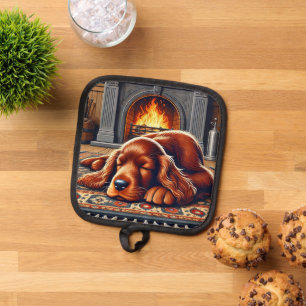 Irish Setter Puppy Sleeping by a Warm Fireplace Pot Holder