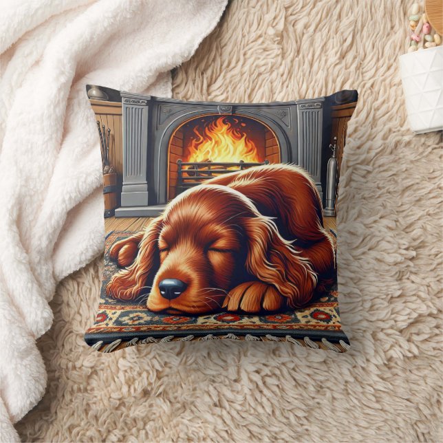 Irish Setter Puppy Sleeping by a Warm Fireplace Throw Pillow (Blanket)