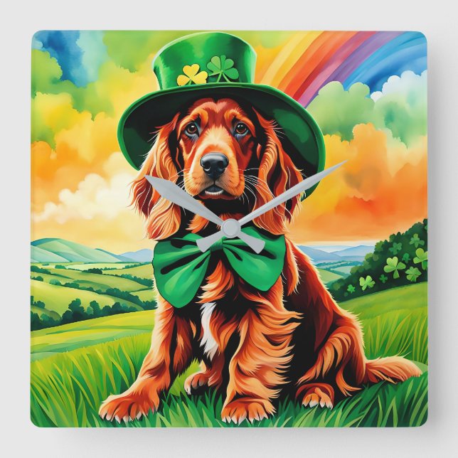 Irish Setter Puppy -St Patricks day Square Wall Clock (Front)