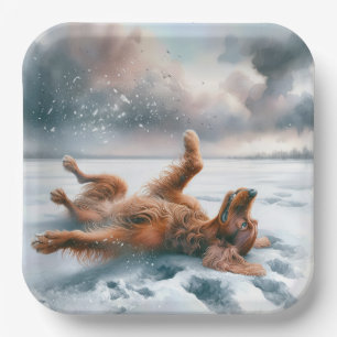 Irish Setter Rolling In Snow Paper Plate