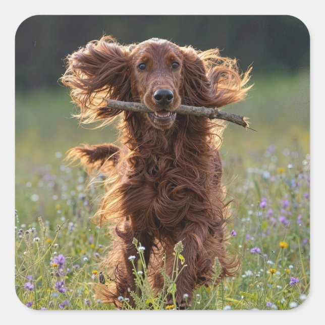 Irish Setter Running with a Stick Square Sticker (Front)
