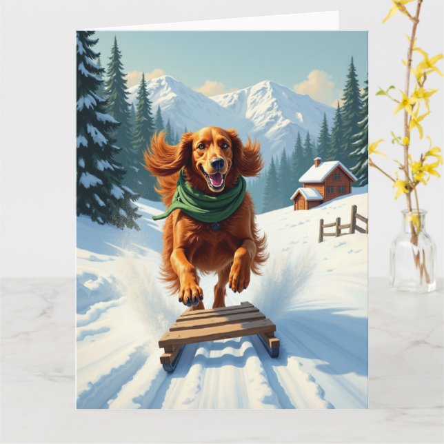 Irish Setter Sledding Adventure Christmas Painting Card (Yellow Flower)