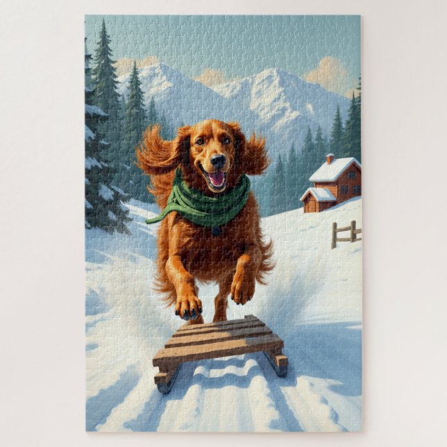 Irish Setter Sledding Adventure Christmas Painting Jigsaw Puzzle (Vertical)