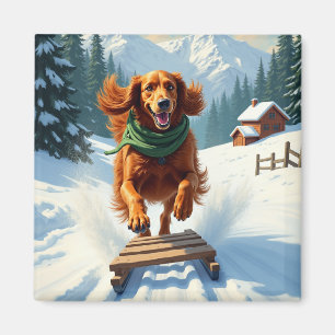 Irish Setter Sledding Adventure Christmas Painting Magnet