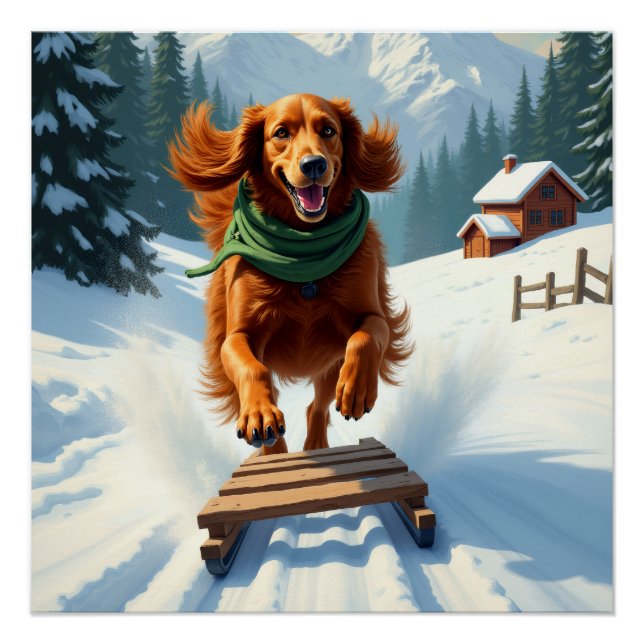 Irish Setter Sledding Adventure Christmas Painting Poster (Front)