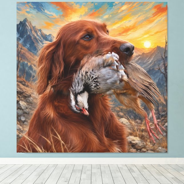 Irish Setter with Chukar Partridge ,Art  Canvas Print (Insitu(Wood Floor))