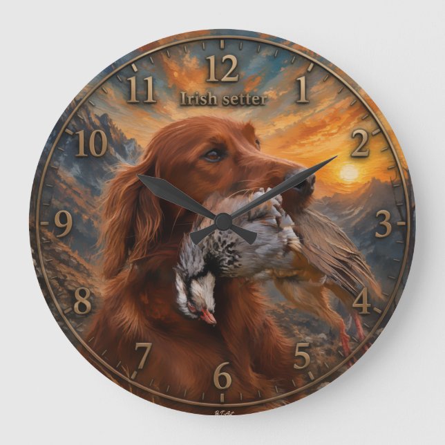 Irish Setter with Chukar Partridge ,Art  Large Clock (Front)