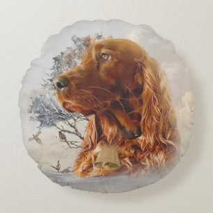 Irish setter with pheasant  round pillow