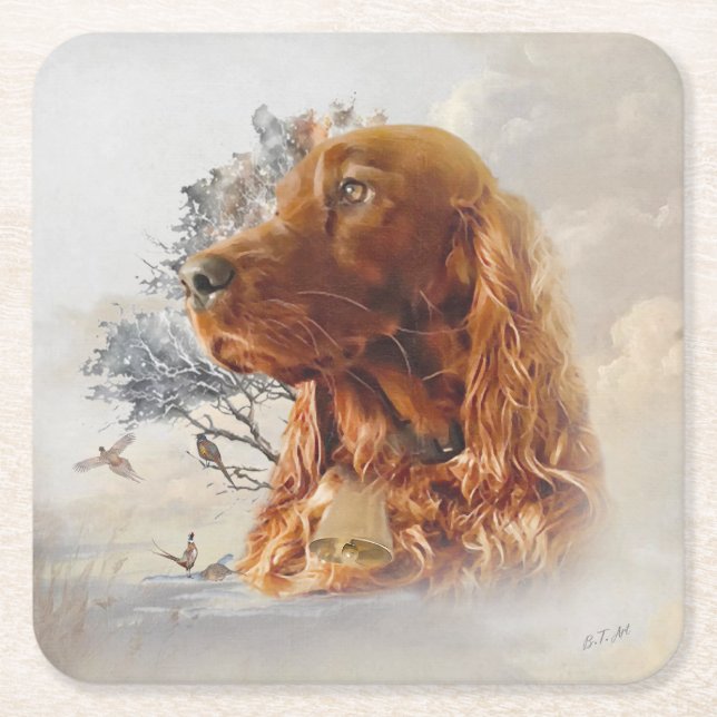 Irish setter with pheasant  square paper coaster (Front)