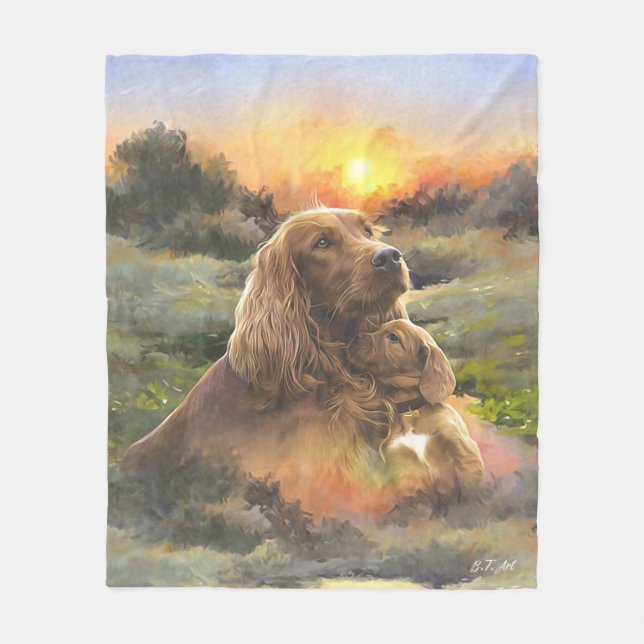 Irish setter with puppy fleece blanket (Front)