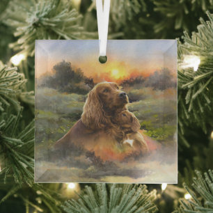 Irish setter with puppy glass ornament