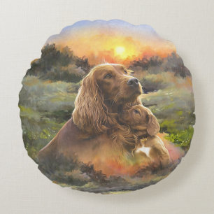 Irish setter with puppy round pillow