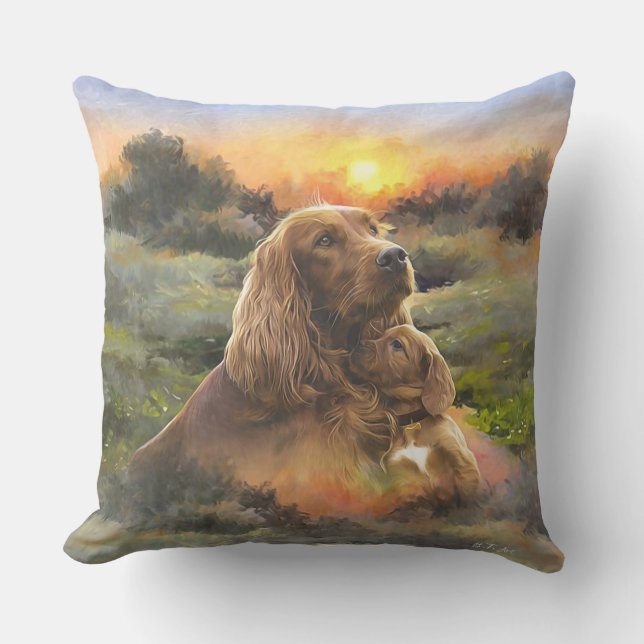 Irish setter with puppy throw pillow (Front)