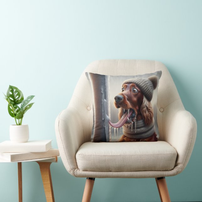 Irish Setter With Tongue On Frozen Pole Throw Pillow (Chair)