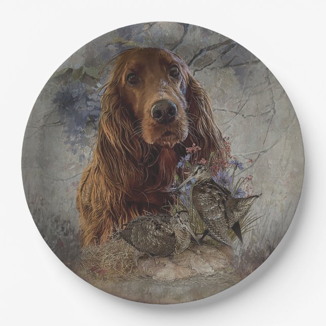 Irish setter with woodcock   paper plate (Front)